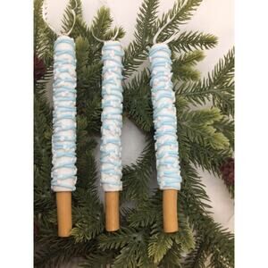 3-Iced Pretzel Lollipop Christmas Ornaments-White Blue Sprinkles 6 in